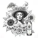 the goddess nemesis portrait centered in front of a sunflower with a Jose cuervo bottle as a vace tattoo design idea