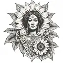 the goddess nemesis portrait centered in front of a sunflower with a Jose cuervo bottle as a vace tattoo design idea