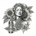 the goddess nemesis portrait centered in front of a sunflower with a Jose cuervo bottle as a vace tattoo design idea