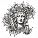 the goddess nemesis portrait centered in front of a sunflower with a Jose cuervo bottle as a vace tattoo design idea