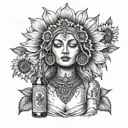 the goddess nemesis portrait centered in front of a sunflower with a Jose cuervo bottle as a vace tattoo design idea