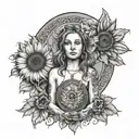 the goddess nemesis portrait centered in front of a sunflower with a Jose cuervo bottle as a vace tattoo design idea