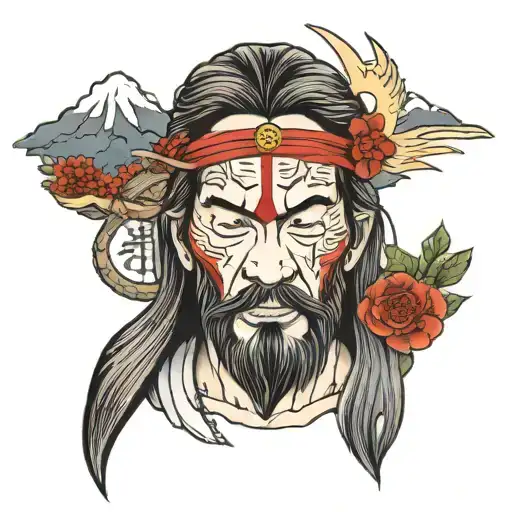 Japanese Merchant with Mountains Jesus Christ's death tattoo design idea