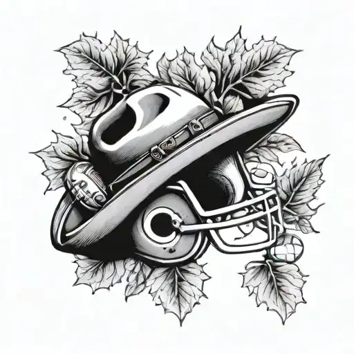 A tattoo design featuring a cowboy hat and a football helmet crossed over each other, surrounded by a wreath of oak leaves and acorns tattoo design idea