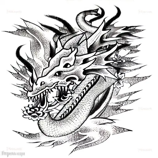 fire breathing Dragon with flowers like Mountain Laurel tattoo design idea