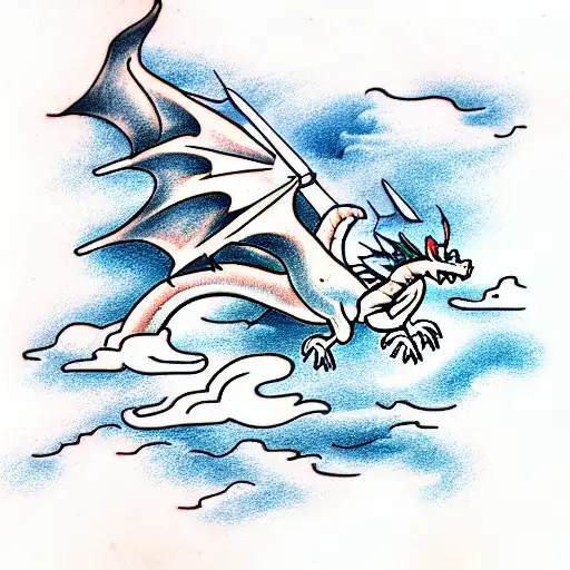 Dragon flying through the air with clouds and mountains in the background tattoo design idea
