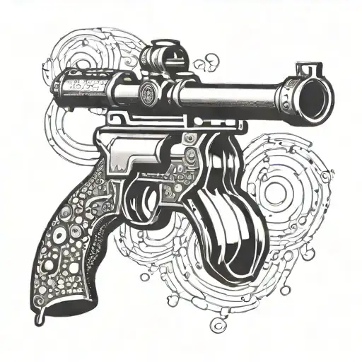 A diamond encrusted sniper rifle with musical notes as the bullets tattoo design idea