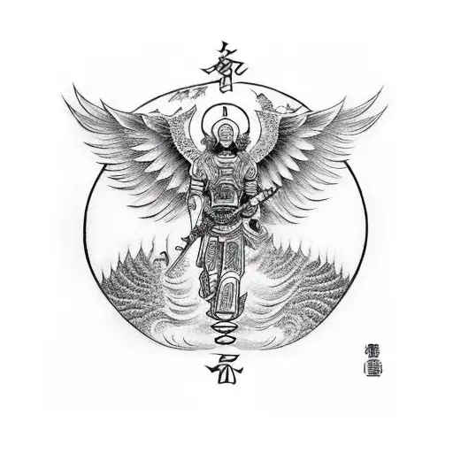 Japanese "Archangel Michael" Tattoo Idea - BlackInk AI