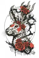 jackalope with vampire teeth solid white eyes with moon in the background tattoo design idea