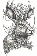 jackalope with vampire teeth solid white eyes with moon in the background tattoo design idea