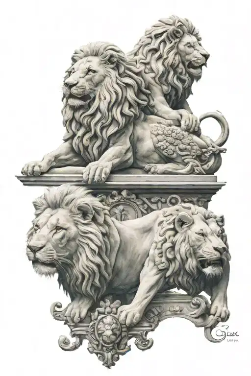 two sea statues and a lion statue tattoo design idea
