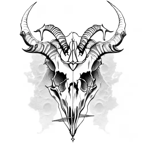 A hauntingly beautiful portrait of a goat skull adorned with gothic jewelry tattoo design idea