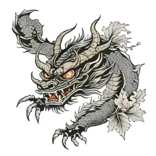 chinese Dragon, in background Maple leafs, mask of oni tattoo design idea