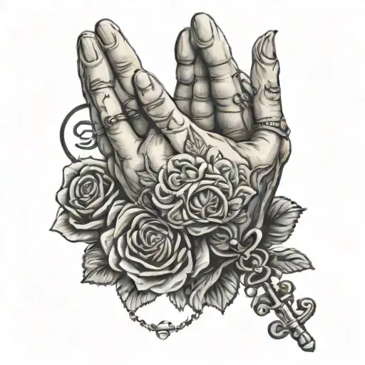 praying hands holding rosary surrounded by roses tattoo design idea