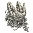 praying hands holding rosary surrounded by roses tattoo design idea
