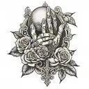 praying hands holding rosary surrounded by roses tattoo design idea