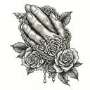 praying hands holding rosary surrounded by roses tattoo design idea