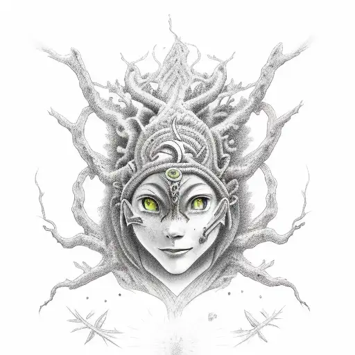 Yggdrasil with majoras mask and blue lightning tattoo design idea