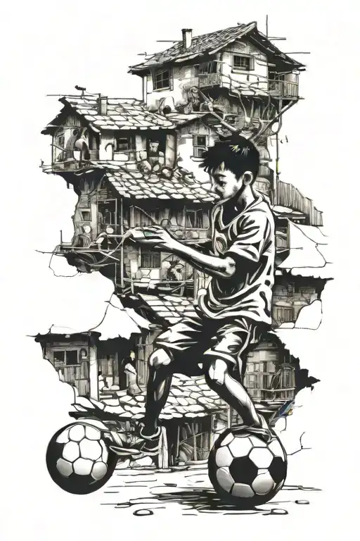 kid playing football in favelas  tattoo design idea