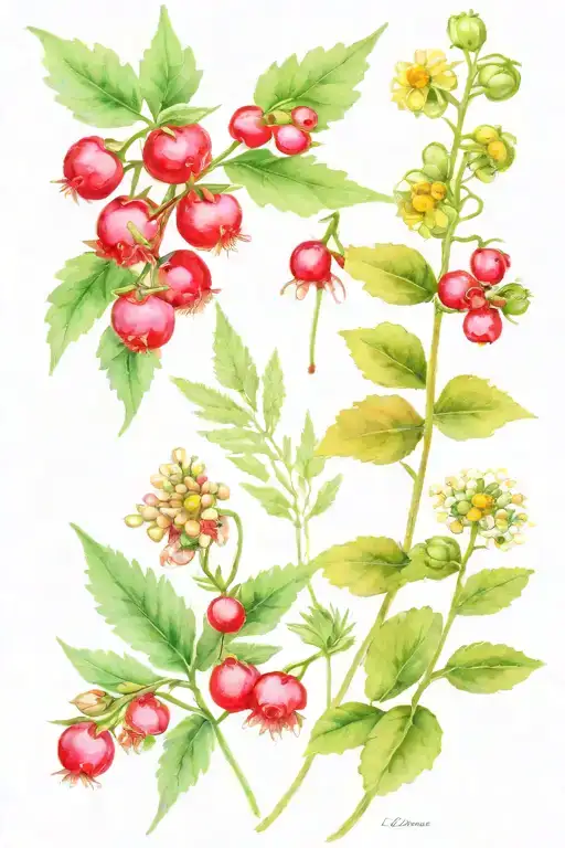 lingonberry, chamomile, clover, fern tattoo design idea