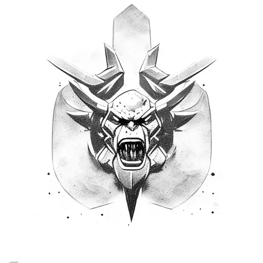 Dota 2 axe roars with his axe in hand stands still watch upside axe in right hand above head musculed pumped strong orc tattoo design idea