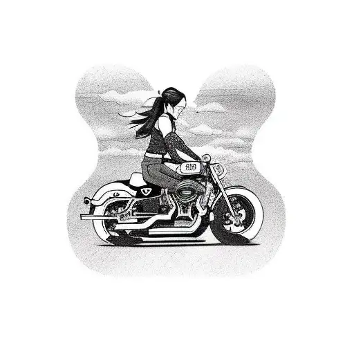 Girl long air riding a Harley Davidson Sportster seen from the back riding on an open road tattoo design idea