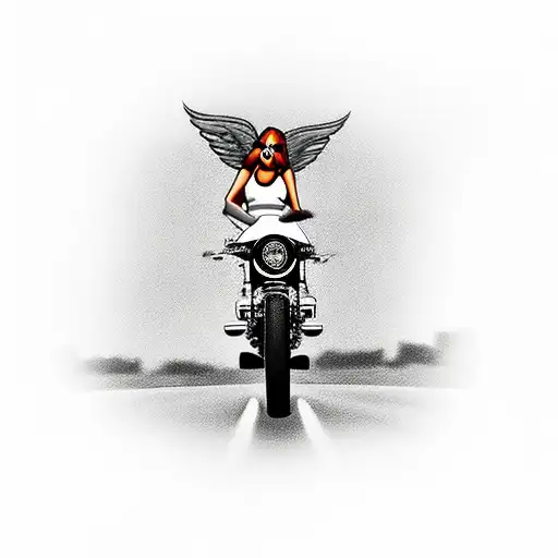 Girl long air riding a Harley Davidson Sportster seen from the back riding on an open road tattoo design idea