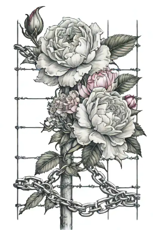 clear roses coming through a chain link fence with a 2 peonies in the background tattoo design idea