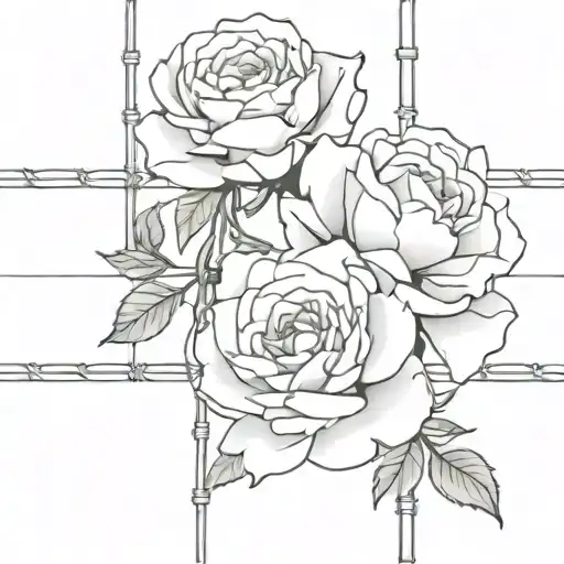 roses coming through a chain link fence with a few peonies blurred out tattoo design idea