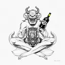 behemoth demon with a bottle of beer in his right hand, a cigarette in his left sits in a lotus position tattoo design idea