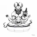 behemoth demon with a bottle of beer in his right hand, a cigarette in his left sits in a lotus position tattoo design idea