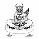 behemoth demon with a bottle of beer in his right hand, a cigarette in his left sits in a lotus position tattoo design idea