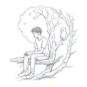 a boy and a ghost sitting in a tree tattoo design idea