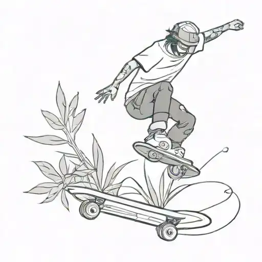 A skateboarder doing a frontside air with a weed plant growing from the skateboard tattoo design idea