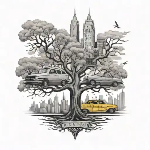 A black-grey tattoo of a family tree with each branch representing a different family member, with New York City as the backdrop and a taxi cab driving through the roots tattoo design idea