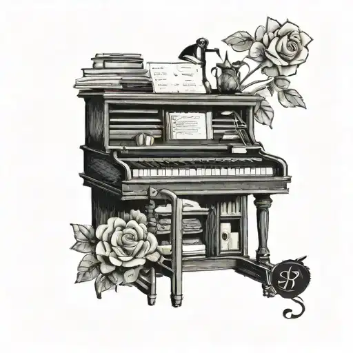 A blackwork tattoo of a teacher's desk with a bouquet of flowers and a music note on top, representing the client's passion for teaching and music tattoo design idea