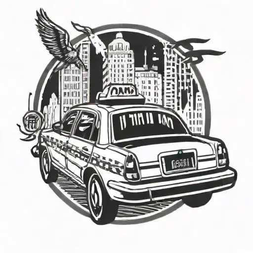 A blackwork tattoo featuring a taxi cab driving through the streets of New York with a music note incorporated into the design tattoo design idea