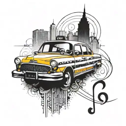 A tattoo design featuring a taxi cab driving through the streets of New York with a music note incorporated into the city skyline tattoo design idea