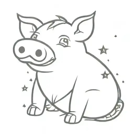 A minimalist tattoo of a pig wearing a teddy bear costume surrounded by hearts and stars tattoo design idea
