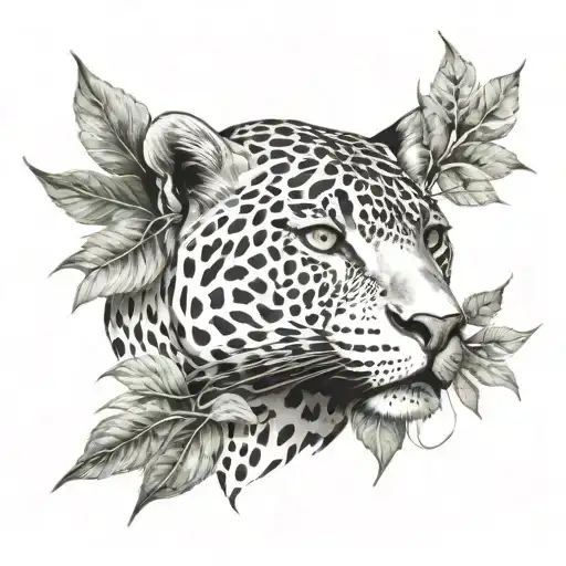 jaguar head with leaves around it and details tattoo design idea