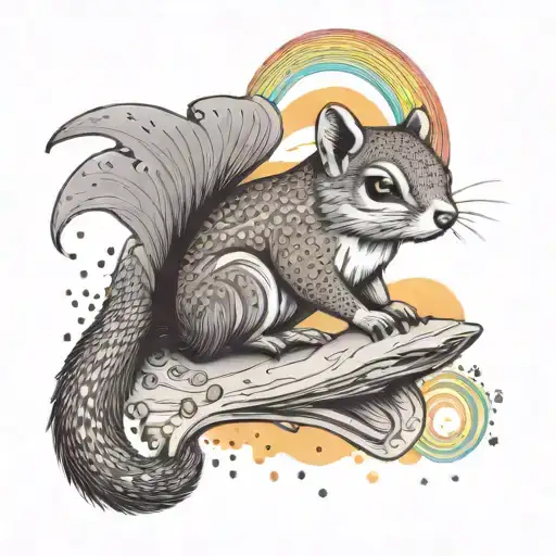 Flying squirrel with a joint gliding through a psychedelic rainbow sky tattoo design idea