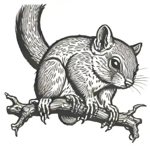 Flying squirrel hanging upside down from a tree branch, holding a joint in its tiny paws tattoo design idea