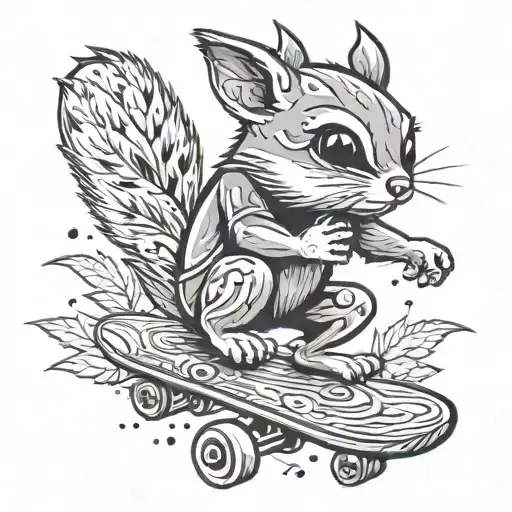 Flying squirrel riding a skateboard made of marijuana leaves, doing tricks in a graffiti-covered alley tattoo design idea