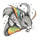 Flying squirrel with a joint gliding through a psychedelic rainbow sky tattoo design idea