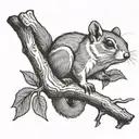 Flying squirrel hanging upside down from a tree branch, holding a joint in its tiny paws tattoo design idea