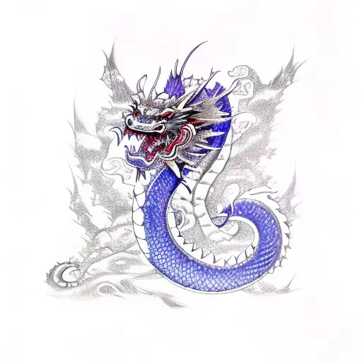 japanese dragon with a purple and blue belly wrapped around a broken sword tattoo design idea