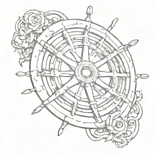 ship steering wheel pencil sketch simple tattoo with "Angie" carved in wood  tattoo design idea