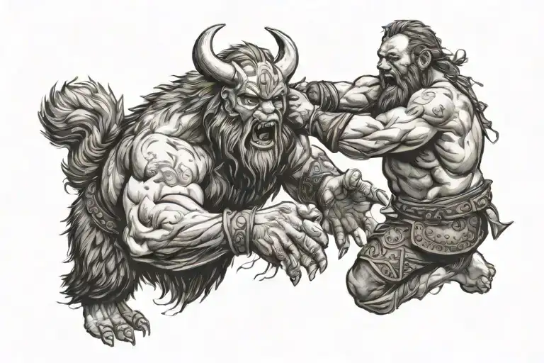 viking mid fight with a grizzly bear gore tattoo design idea
