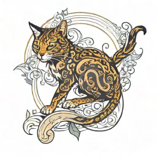 A dynamic image of the Feral Druid’s cat form in mid-pounce, surrounded by a swirl of arcane energy or nature motifs lik tattoo design idea