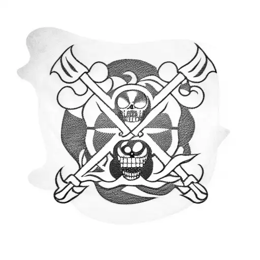 A blackwork tattoo of the One Piece pirate flag with waves crashing in the background tattoo design idea
